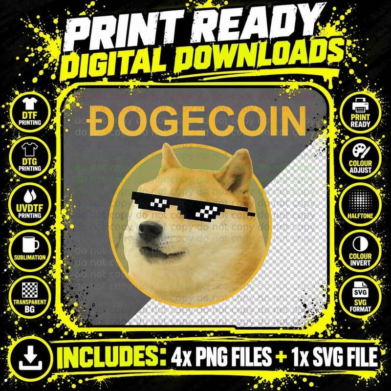 Dogecoin Logo Doge to the Moon - Funny Hold Crypto Meme Png SVG Digital Bundle