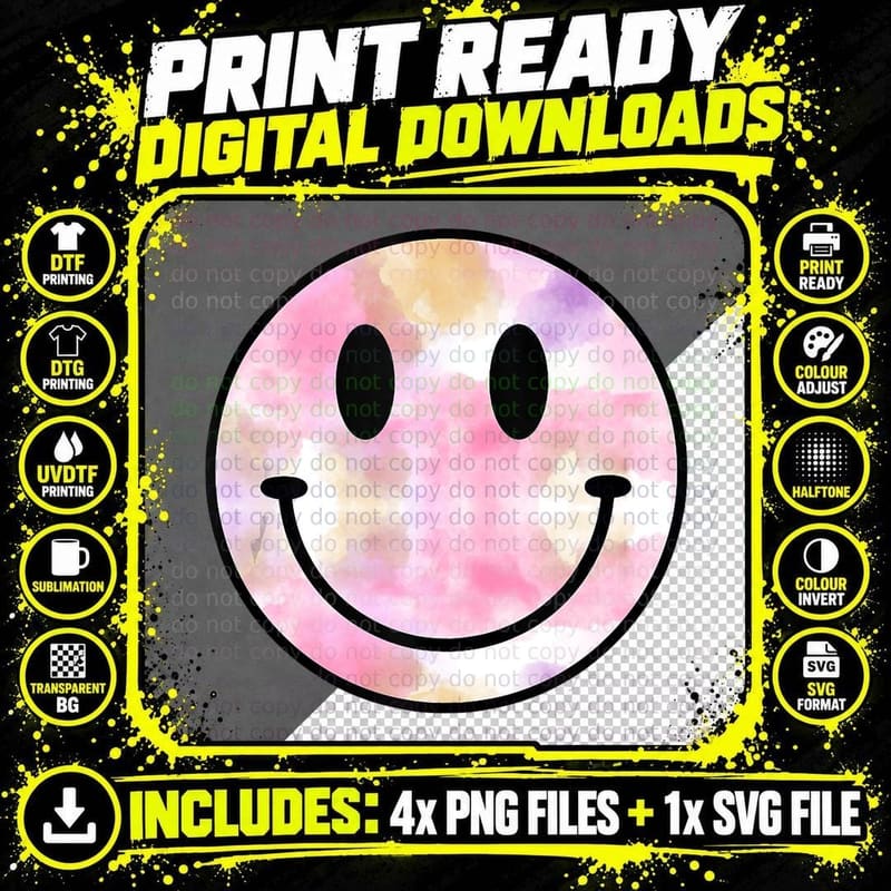 Funny Happy Face Tie Dye Smile Face Meme Trendy T-Shirt Png SVG Digital Bundle