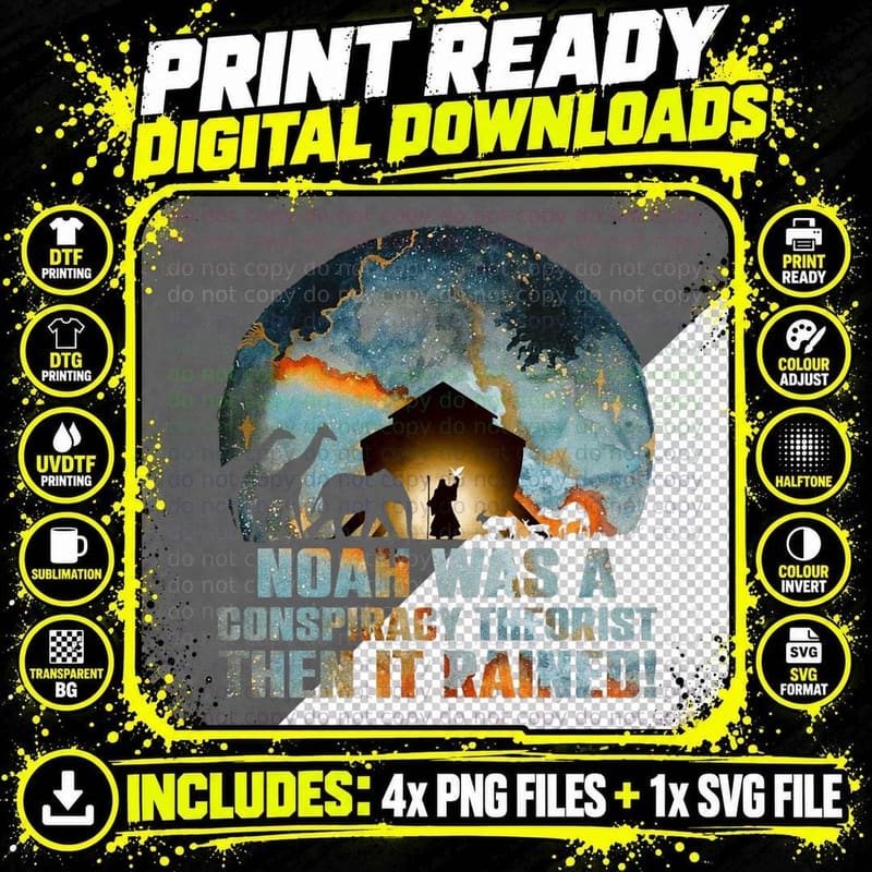 Funny Noah Conspiracy Theorist Retro Sunset Animals Png SVG Digital Bundle