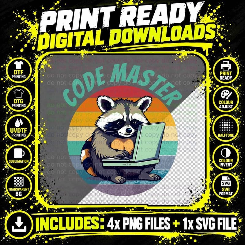 Funny Raccoon Coding on Computer. Funny Programming Png SVG Digital Bundle