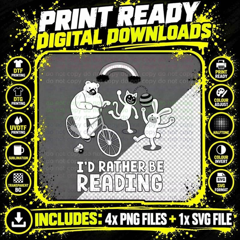 I'd Rather Be Reading Black and White T-Shirt Png SVG Digital Bundle
