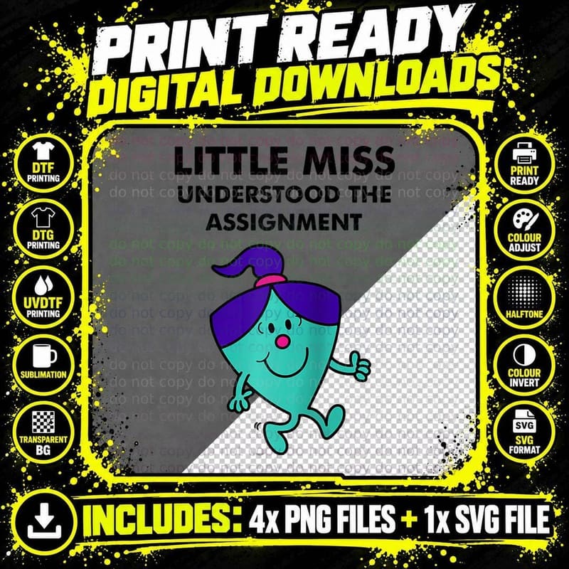Mr. Men Little Miss Meme - Understood the Assignment Png SVG Digital Bundle