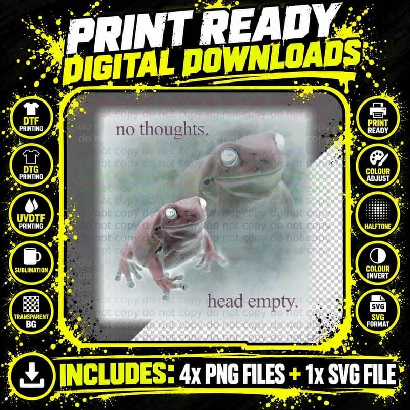 No Thoughts Head Empty Frog Retro Word Art Meme T-Shirt Png SVG Digital Bundle