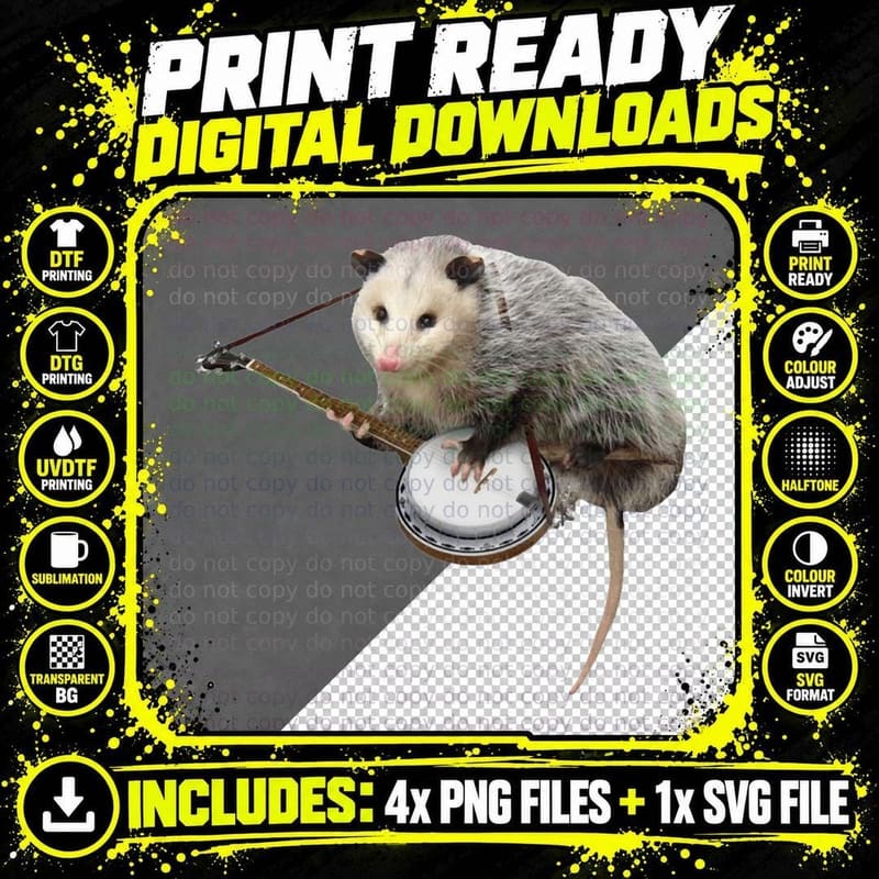 Opossum Playing Banjo T-Shirt Png SVG Digital Bundle