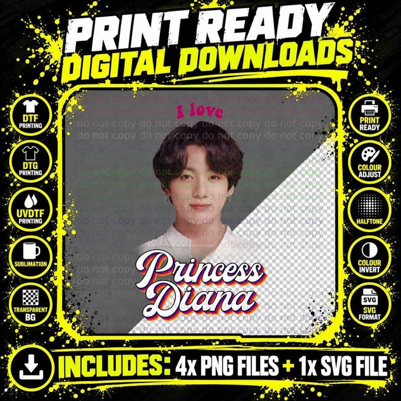 Princess Diana Jungkook Kpop Retro Meme T-Shirt Png SVG Digital Bundle