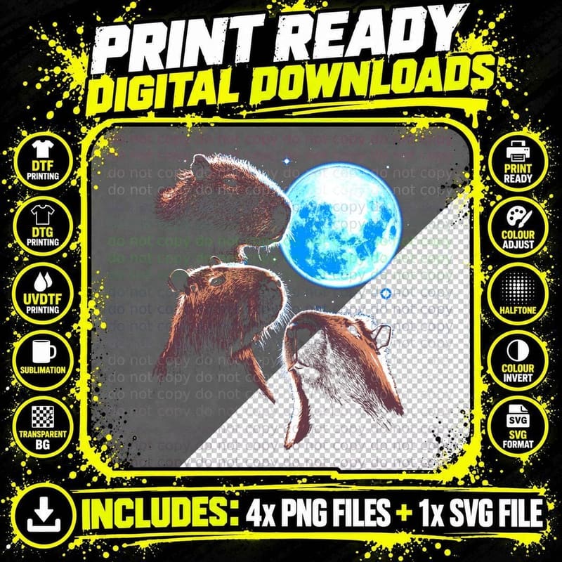 Three Capybara Moon Funny Capybara Meme Mystical Png SVG Digital Bundle