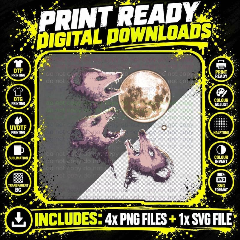 Three Opossums Howling at the Moon Funny Possum 3 Png SVG Digital Bundle