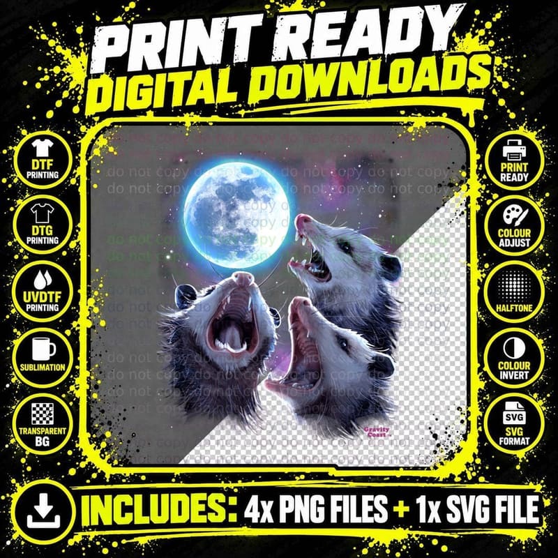 Three Opossums Howling at the Moon Funny Possum T-Shirt Png SVG Digital Bundle
