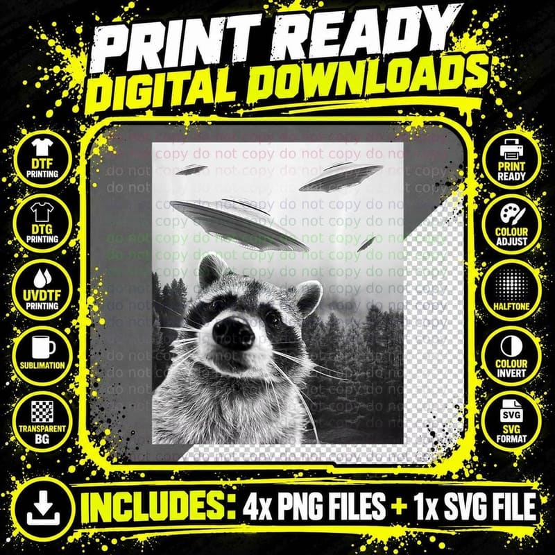 Alien UFO Day Funny Raccoon Lover Selfi Png SVG Digital Bundle