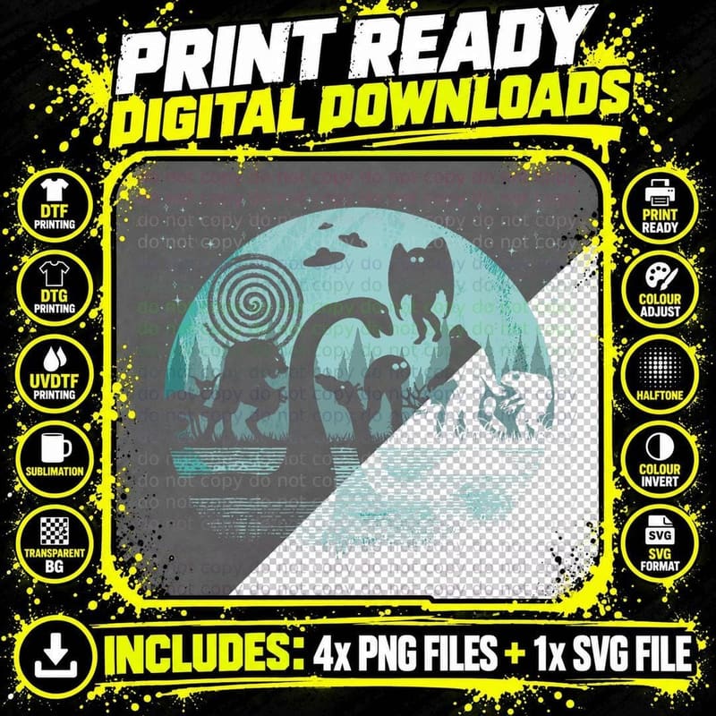 Bigfoot Loch Ness Monster Mothman and Alien! Funny Png SVG Digital Bundle