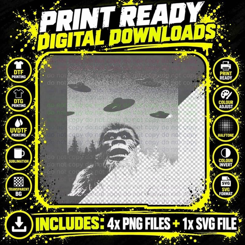 Bigfoot Selfie with Alien UFO Funny Sasquatch Squatch Png SVG Digital Bundle