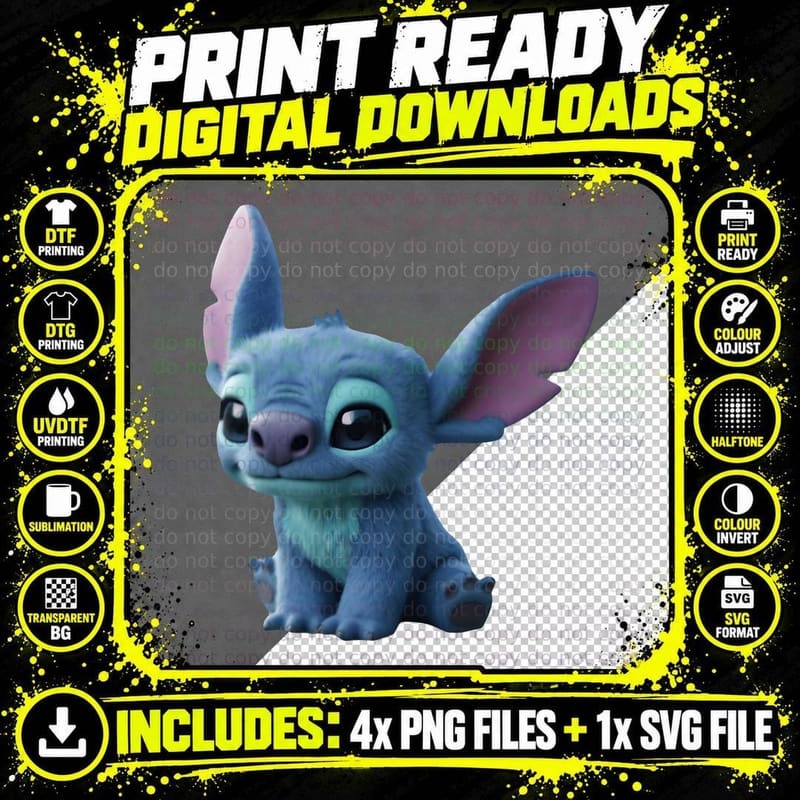 Cute Cartoon Blue Creature Pink Ears Purple Nose Funny Png SVG Digital Bundle