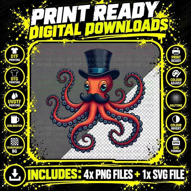 Dapper Octopus Mustache Top Hat Blue Suckers Funny Png SVG Digital Bundle