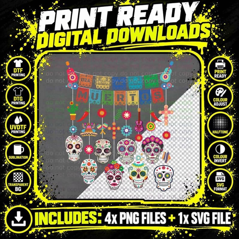 Dia De Los Muertos Funny Day of the Dead Hanging Skulls Png SVG Digital Bundle