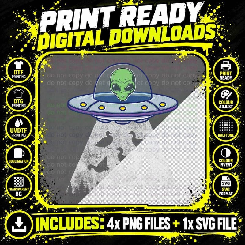 Duck Funny Space UFO Alien Lover Abduction Vintage Png SVG Digital Bundle