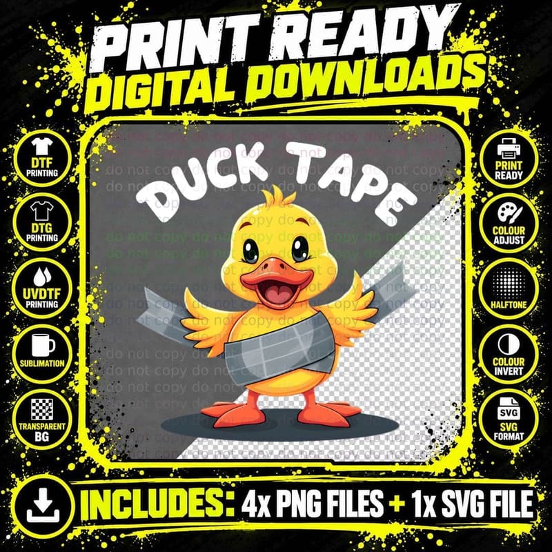 Duck Tape Funny Pun Cartoon Duck Playful Handwritten Png SVG Digital Bundle