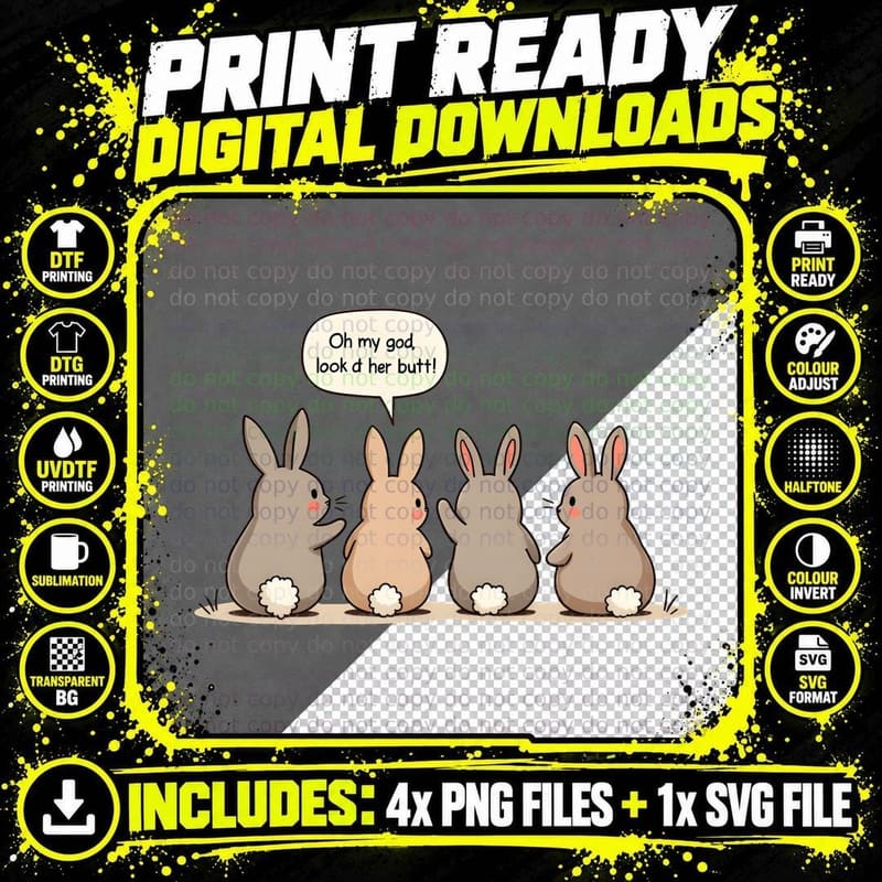 Four Cute Rabbits Looking at a Butt Funny Animal Pun Png SVG Digital Bundle