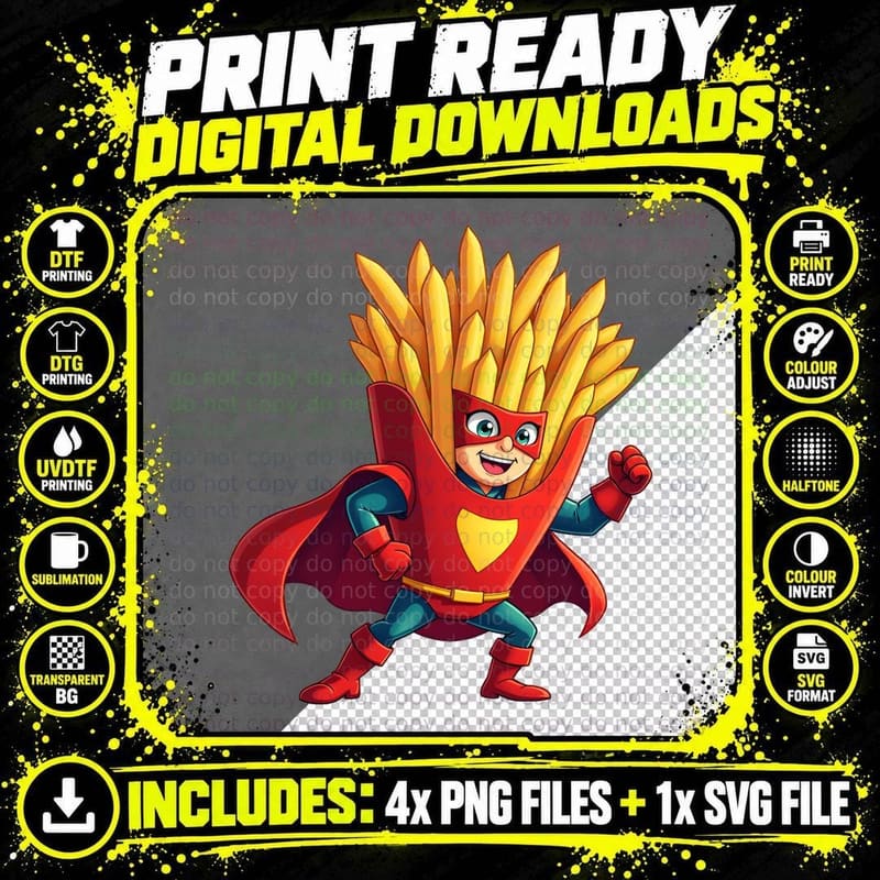 French Fry Superhero Funny T-Shirt Png SVG Digital Bundle