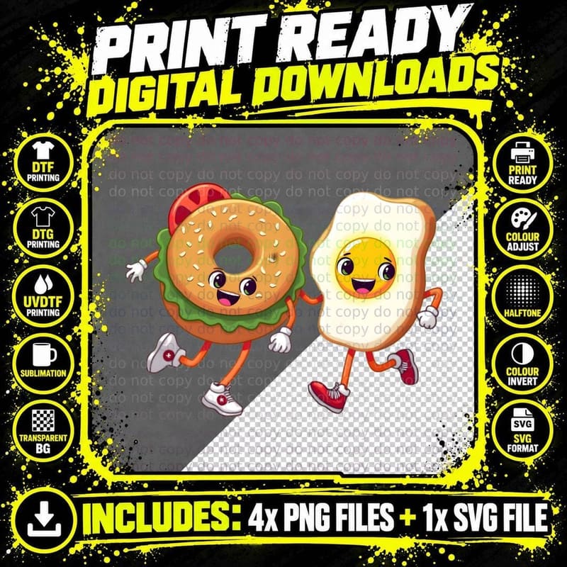 Fried Egg and Donut Running Together Funny Breakfast Png SVG Digital Bundle
