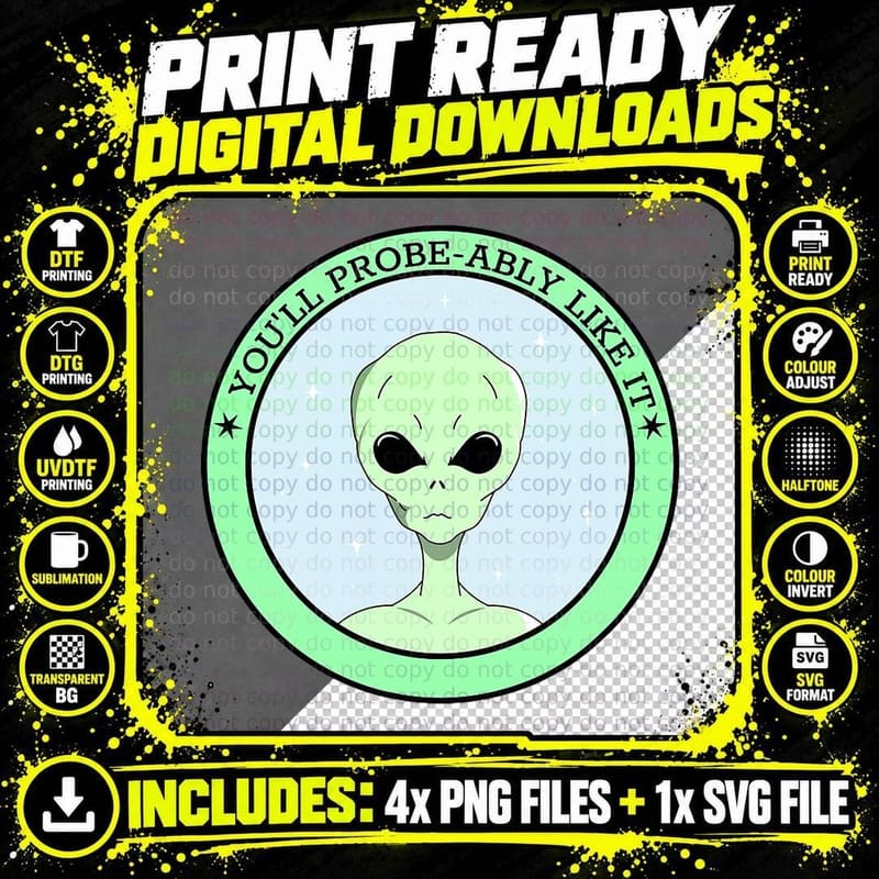 Funny Alien Abduction, Cute ET Probe Space Men Women Png SVG Digital Bundle