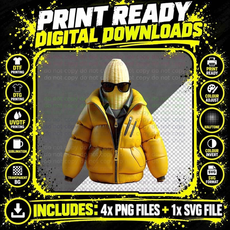 Funny Banana Puffer Jacket Sunglasses T-Shirt Png SVG Digital Bundle