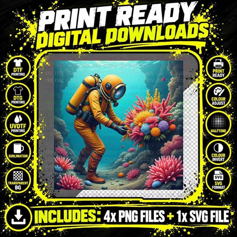 Funny Deep-Sea Diver with Flowers T-Shirt Png SVG Digital Bundle