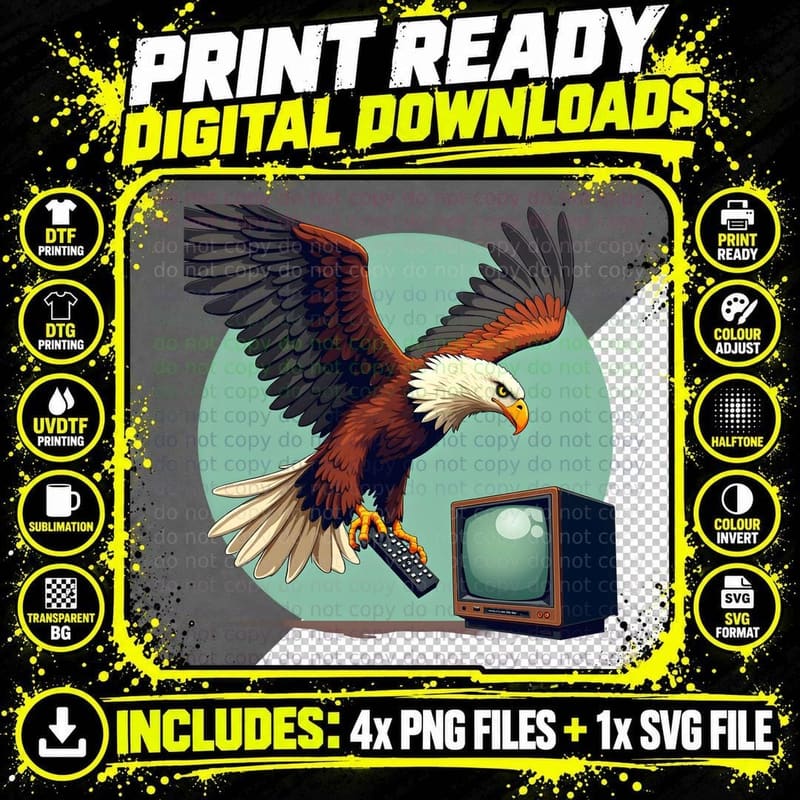 Funny Eagle Holding a TV Remote T-Shirt Png SVG Digital Bundle