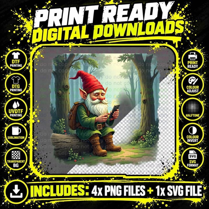 Funny Gnome with a Magical Smartphone T-Shirt Png SVG Digital Bundle