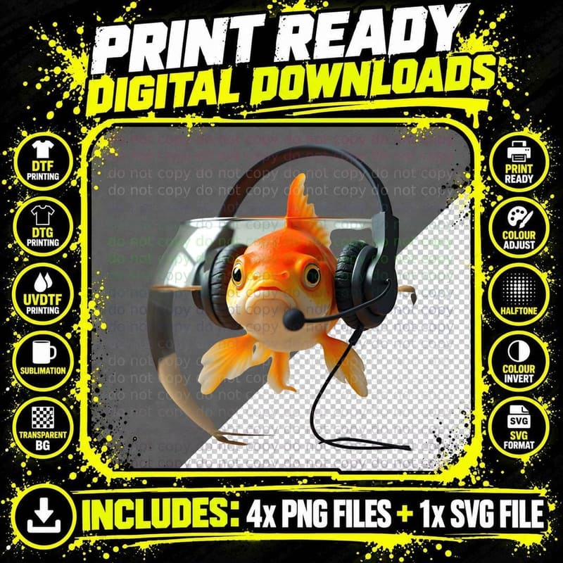 Funny Goldfish with Headset T-Shirt Png SVG Digital Bundle