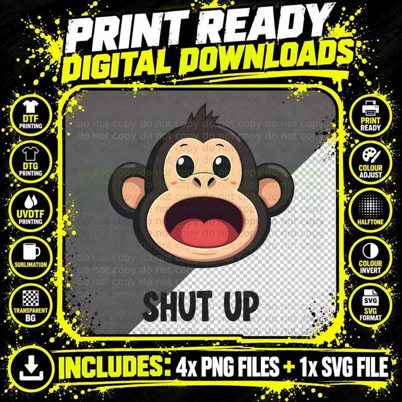 Funny Monkey, Bold SHUT UP Cartoon Graphic Tee Png SVG Digital Bundle