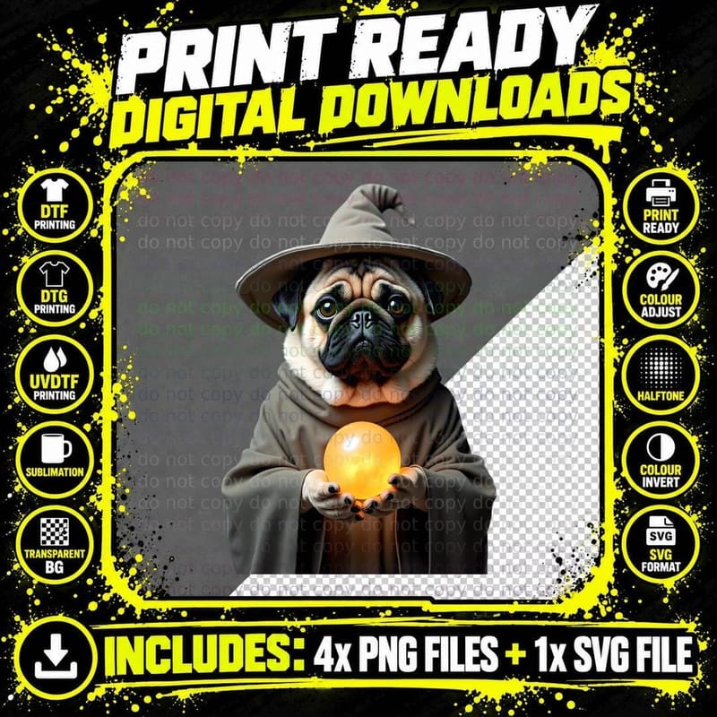 Funny Pug Wizard with a Magical Orb T-Shirt Png SVG Digital Bundle