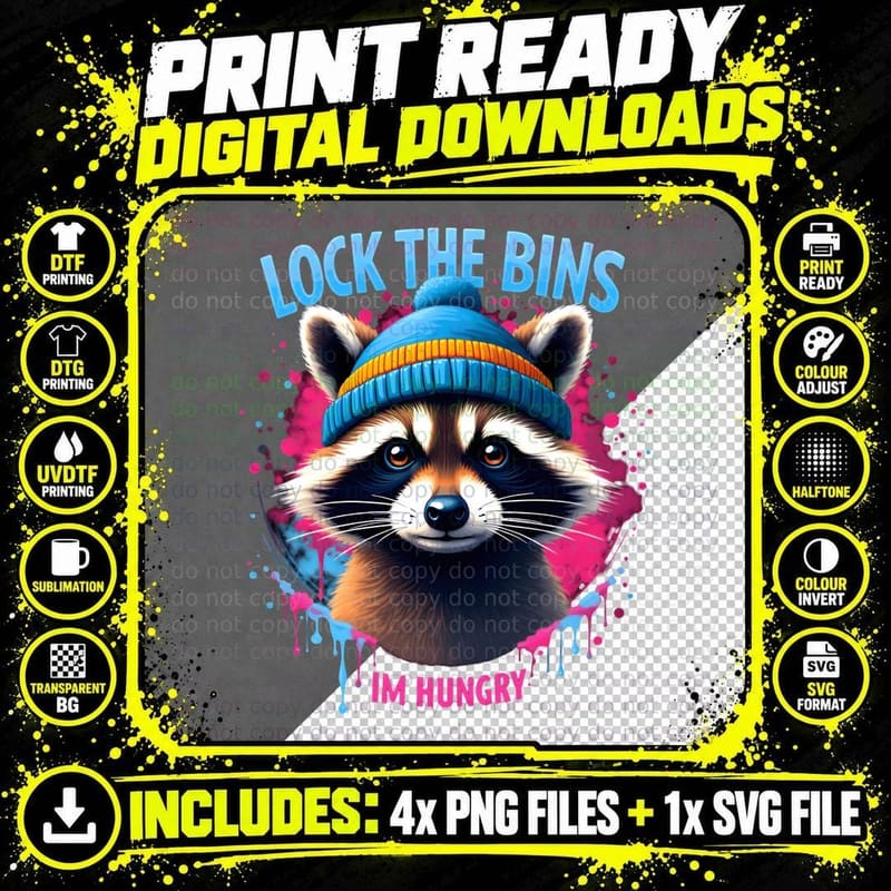 Funny Raccoon Hat Lock the Bins I'm Hungry Messy Paint Png SVG Digital Bundle
