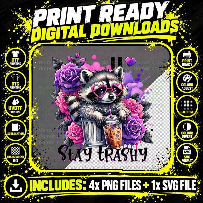 Funny STAY Trashy Raccoon in Trash Can Graphic Novelty Png SVG Digital Bundle