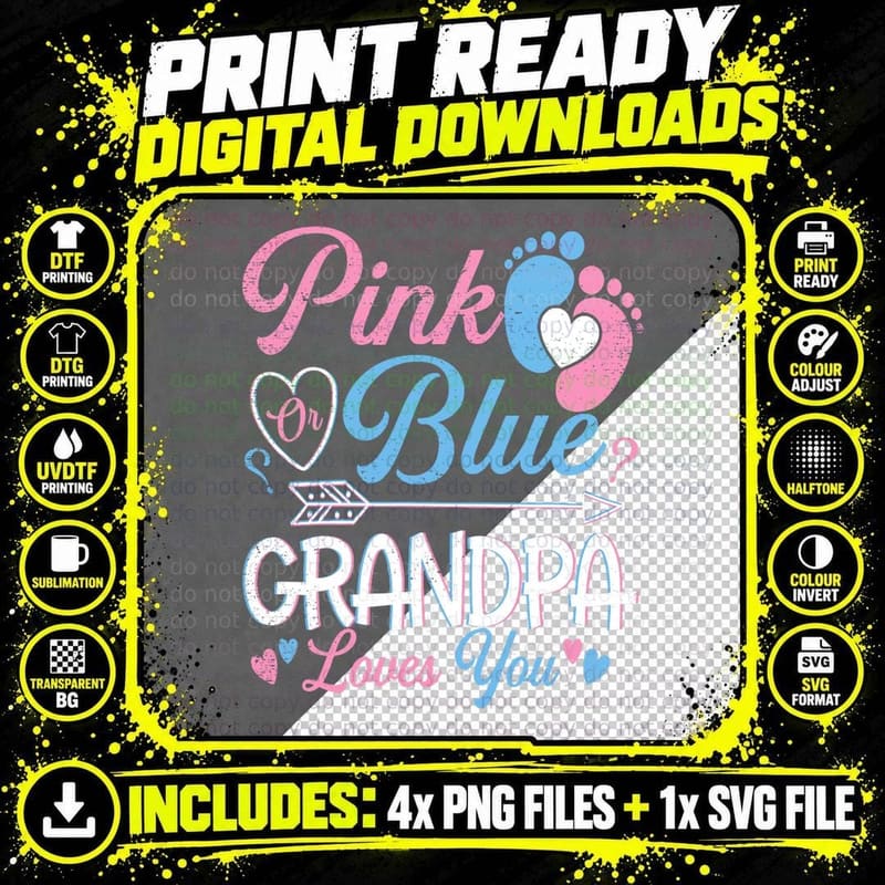Gender Reveal Pink or Blue Grandpa Loves You Funny Png SVG Digital Bundle