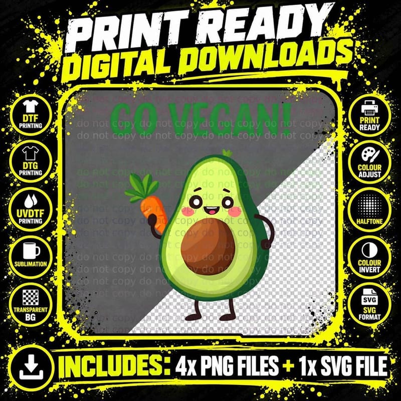 Go Vegan Avocado Funny Veganism Healthy Eating Gift Png SVG Digital Bundle
