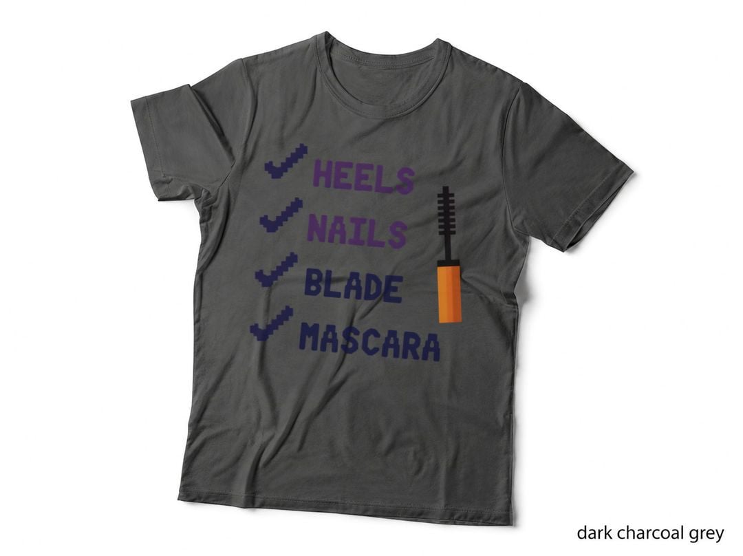 Heels Nails Blade Mascara Pixelated Beauty List Funny Sarcastic T-Shirt
