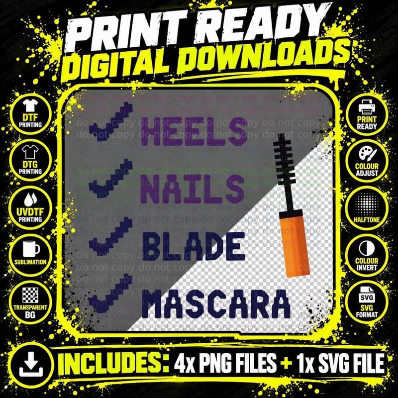 Heels Nails Blade Mascara Pixelated Beauty List Funny Png SVG Digital Bundle