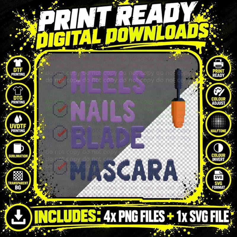 Heels Nails Blade Mascara Pixelated List Dark Purple Png SVG Digital Bundle