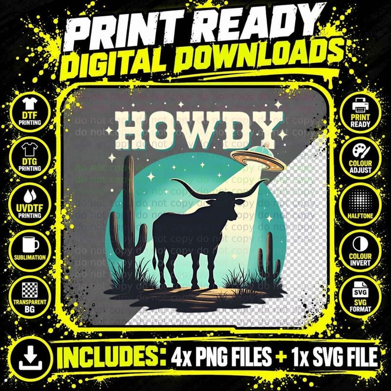 Howdy Funny Sci-Fi Western Humour Retro Longhorn UFO Png SVG Digital Bundle
