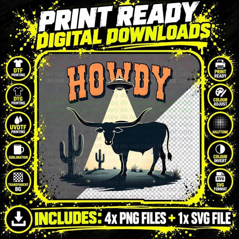 Howdy Funny Western Sci-Fi Humour Retro Longhorn UFO Png SVG Digital Bundle