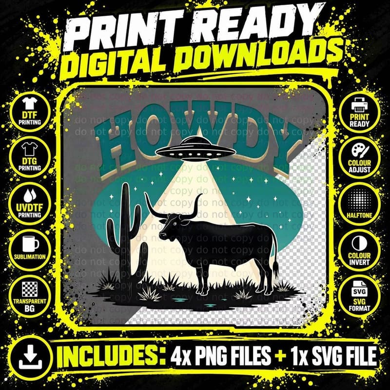 Howdy Retro Western Sci-Fi Humour Funny Longhorn UFO Png SVG Digital Bundle
