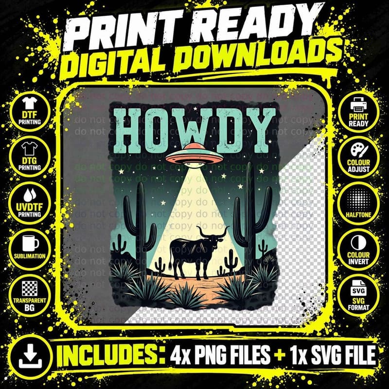 Howdy Western Sci-Fi Funny Humour Retro Longhorn UFO Png SVG Digital Bundle