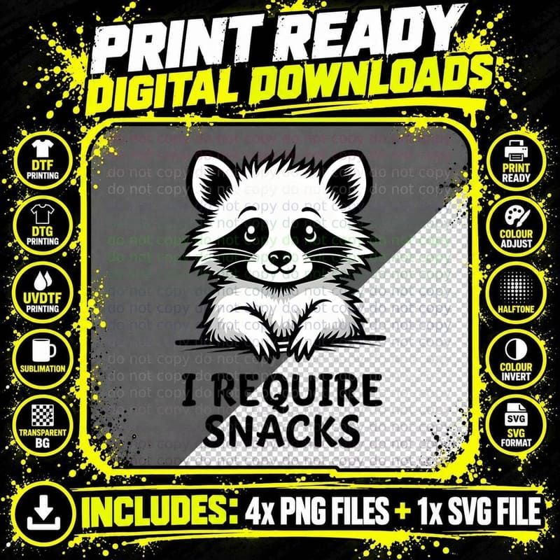 I Require Snacks Funny Sarcastic Quote Raccoon Animal Png SVG Digital Bundle