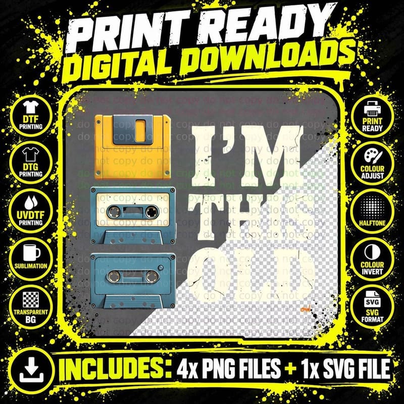 I'm This Old Floppy Disk Cassette Vintage Media Retro Png SVG Digital Bundle