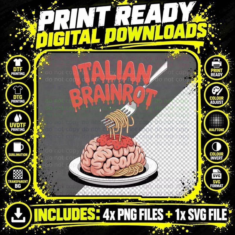 Italian Brainrot, Spaghetti Brain, Retro Comic Fun Meme Png SVG Digital Bundle