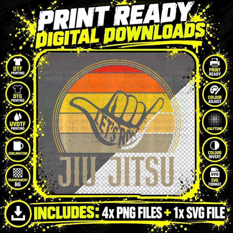 Jiu Jitsu Hand Vintage Sunset Funny Let's Roll Martial Png SVG Digital Bundle