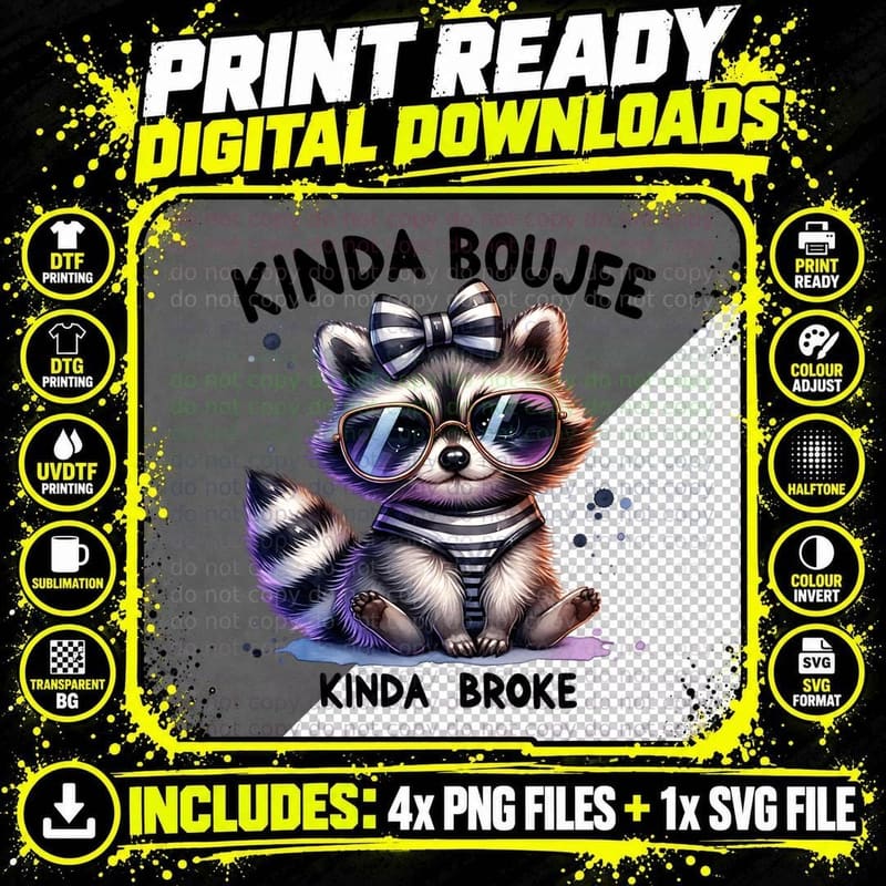 Kinda Boujee Kinda Broke Funny Raccoon Gift T-Shirt Png SVG Digital Bundle