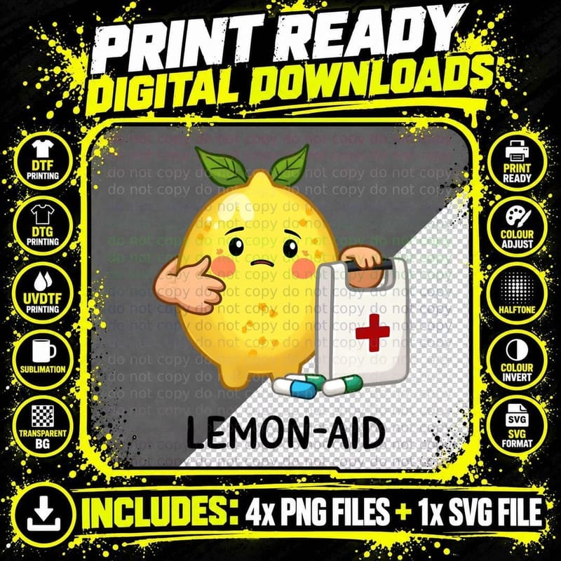 Lemon-Aid Funny Pun First Aid Get Well Soon Gift T-Shirt Png SVG Digital Bundle