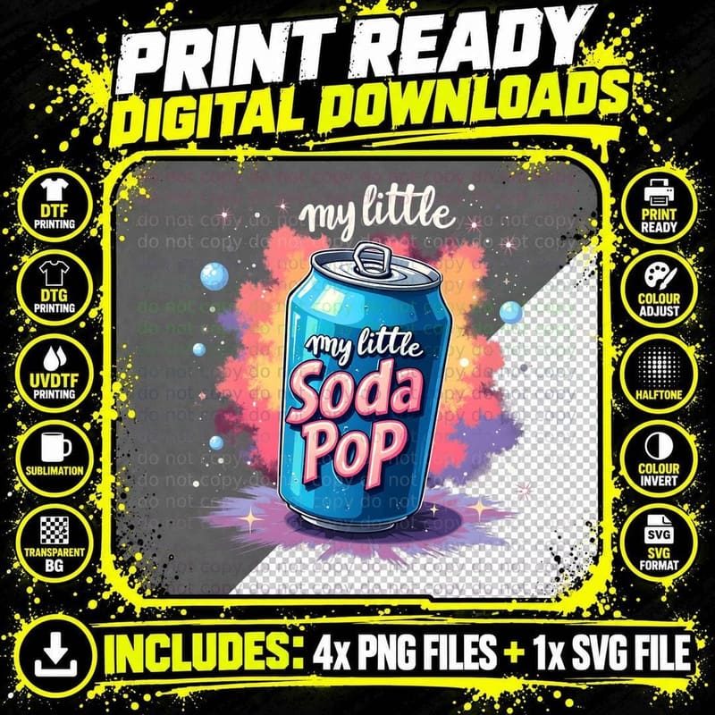 Little Soda Pop Funny Blue Can Colorful Splatter Png SVG Digital Bundle