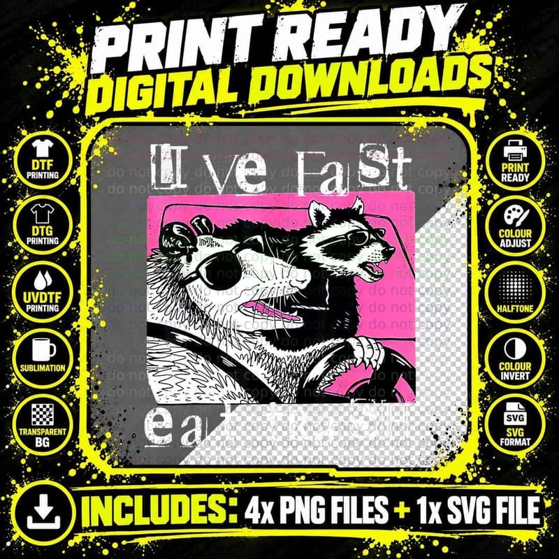 Live Fast Eat Trash Funny Possum Racoon Retro Sunglasses Png SVG Digital Bundle